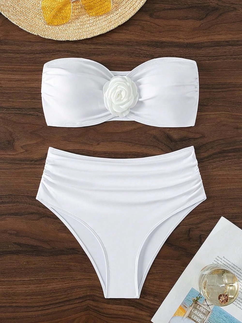 White Strapless Bandeau 3D Floral High-Waist Bikini Set Women’s Swimsuit - Picture 7 of 7